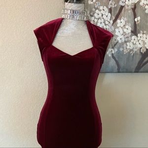 Red Velvet Rhinestone Necklace Formal Mid Dress